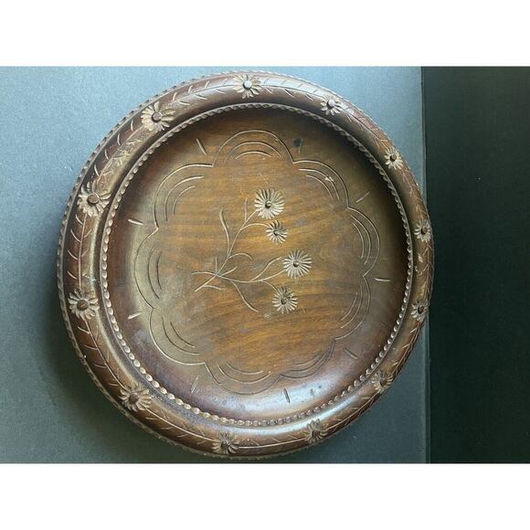 Vintage Handcarved Tray Wooden MCM Minimalist Decorative Round Brown Floral Dish - Picture 1 of 7